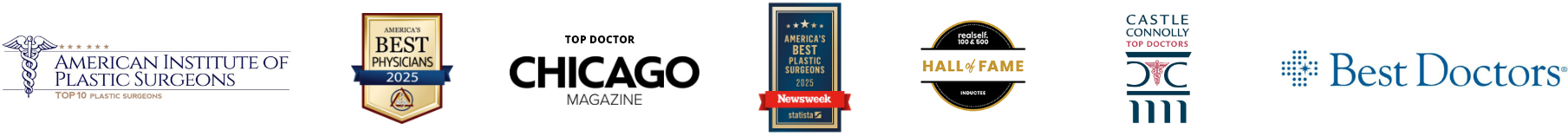 Doctors' credential logos inclduing American Institute of Plastic Surgeons, America's Best Physicians, Chicago Magazine, Newsweek: America's Best Plastic Surgeons 2025, realself Hall of Fame, Castle Connolly Top Doctors, Best Doctors