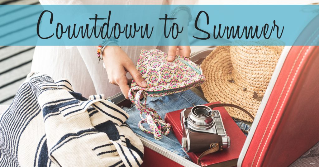 Woman packs a bikini top, camera, red hardbound book, floppy straw hat, jeans, and other summer favorites in a red suitcase.