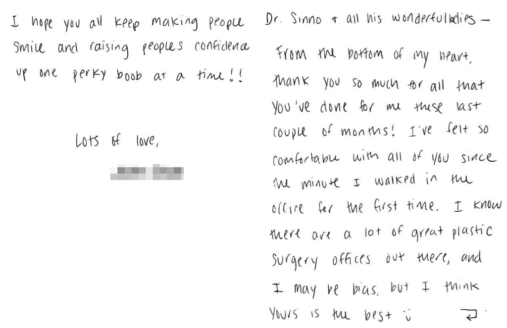 Letter from patient thanking Dr. Sinno for improving the patient's confidence.