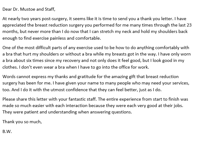 Note from a TLKM breast reduction patient thanking Dr. Mustoe and his staff for their care.