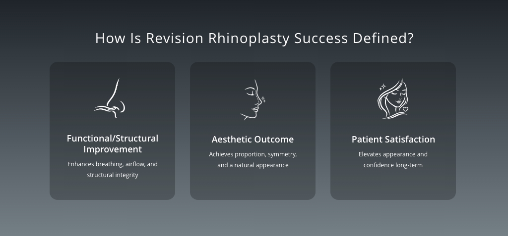 How Is Revision Rhinoplasty Success Defined?
Functional/Structural Improvement: Enhances breathing, airflow, and structural integrity
Aesthetic Outcome: Achieves proportion, symmetry, and a natural appearance
Patient Satisfaction: Elevates appearance and confidence long-term
