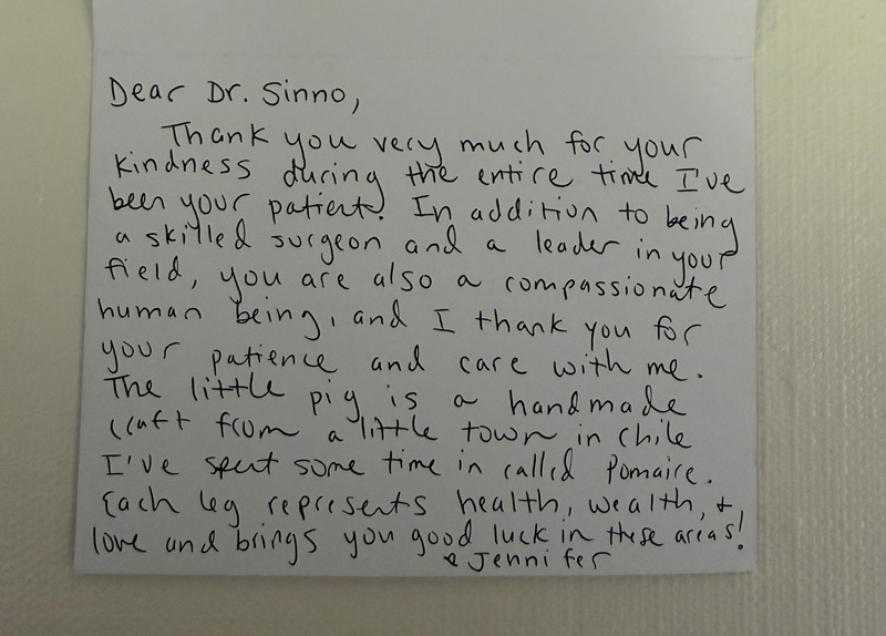 Note from a patient of Dr. Sinno expressing gratitude for his kindness and compassion